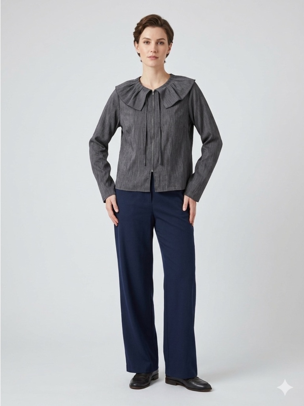 Agnes B. charcoal gray pleated collar long sleeve blouse